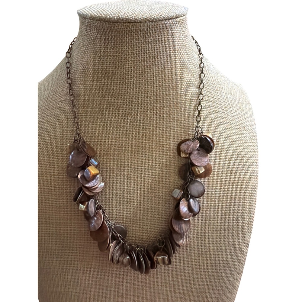 Brown Shell and Tiger Eye Stone Bib Statement Necklace Bronze Tone Chain